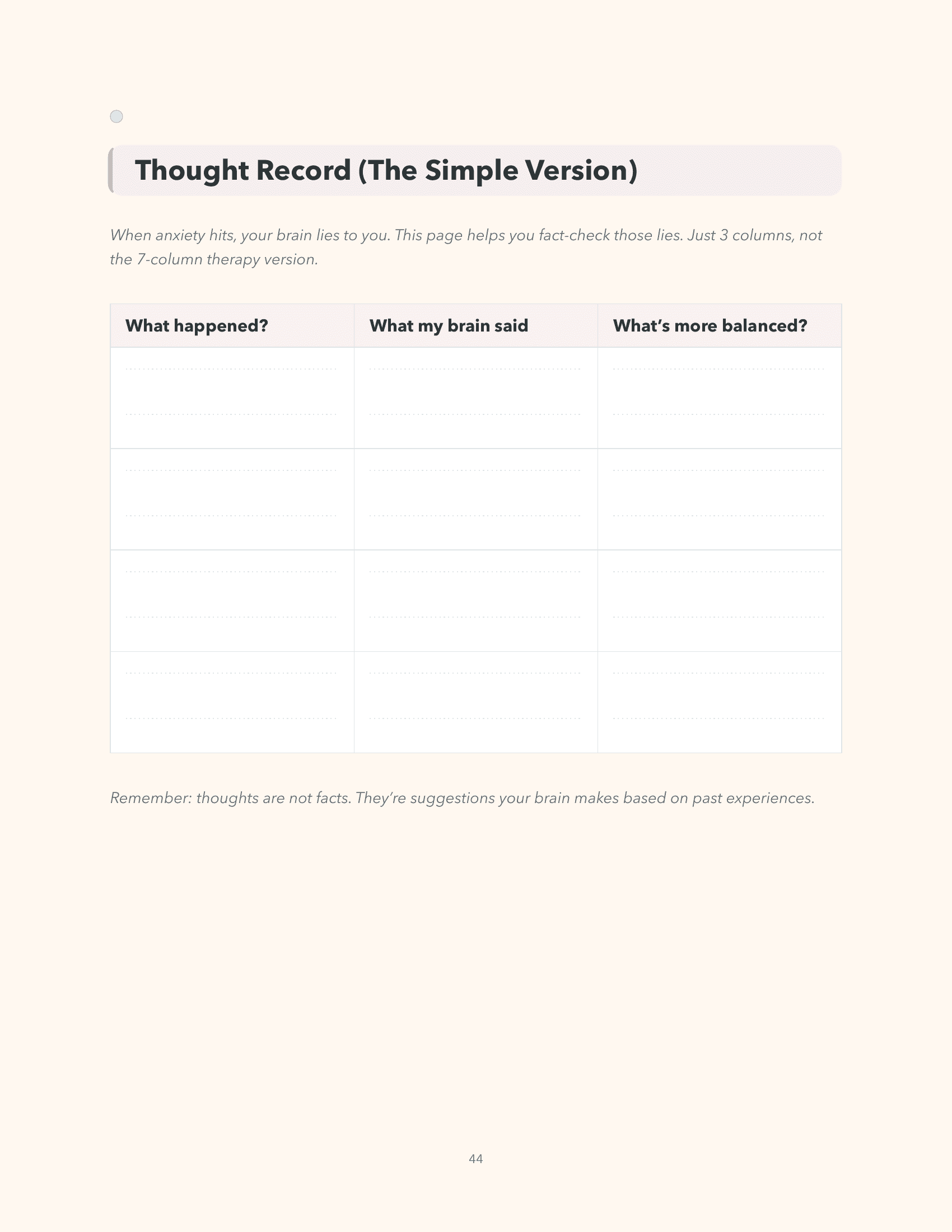 Brainwired CBT thought record journal page sample