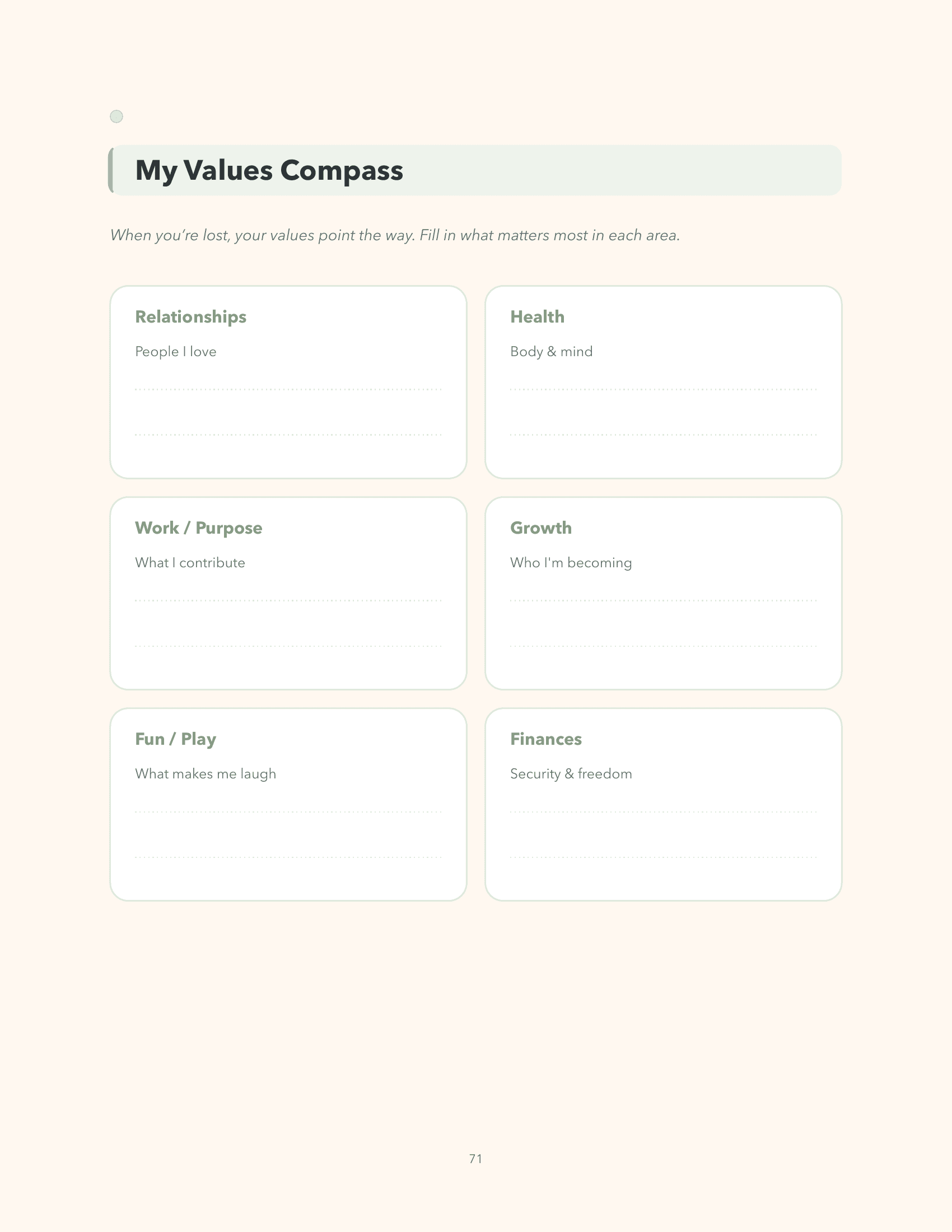 Brainwired values compass journal page sample