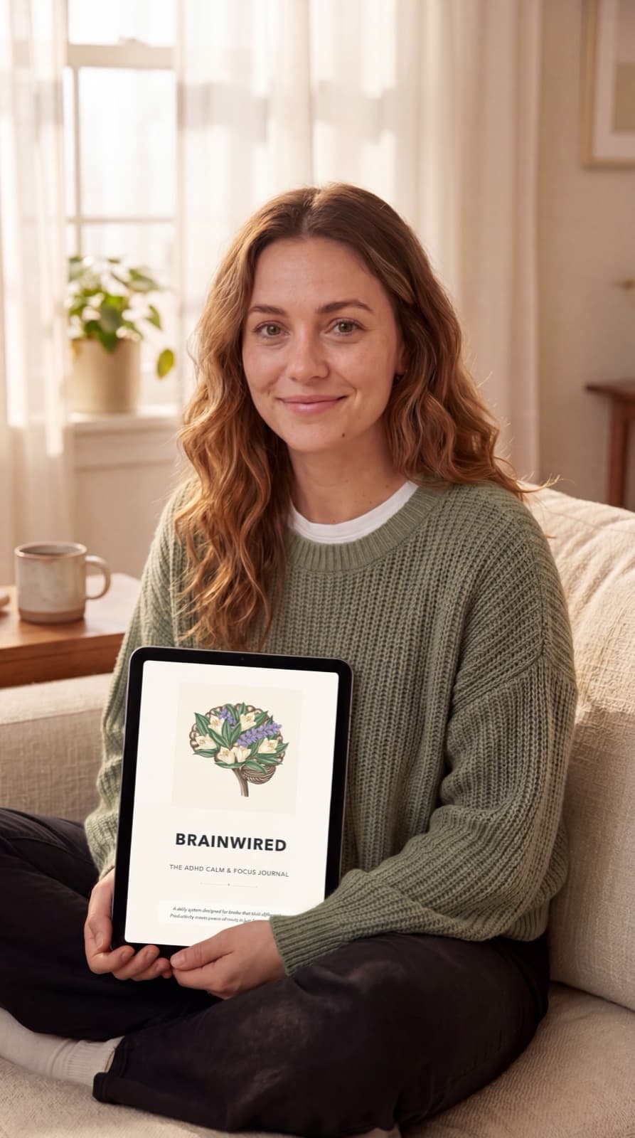 Sarah K., founder of Brainwired, holding the journal